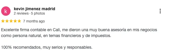 Reseña de Google sobre OPYT Consulting para servicios contables y tributarios en Cali