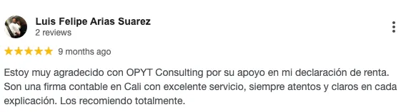 Reseña de cliente sobre acompañamiento tributario de OPYT Consulting